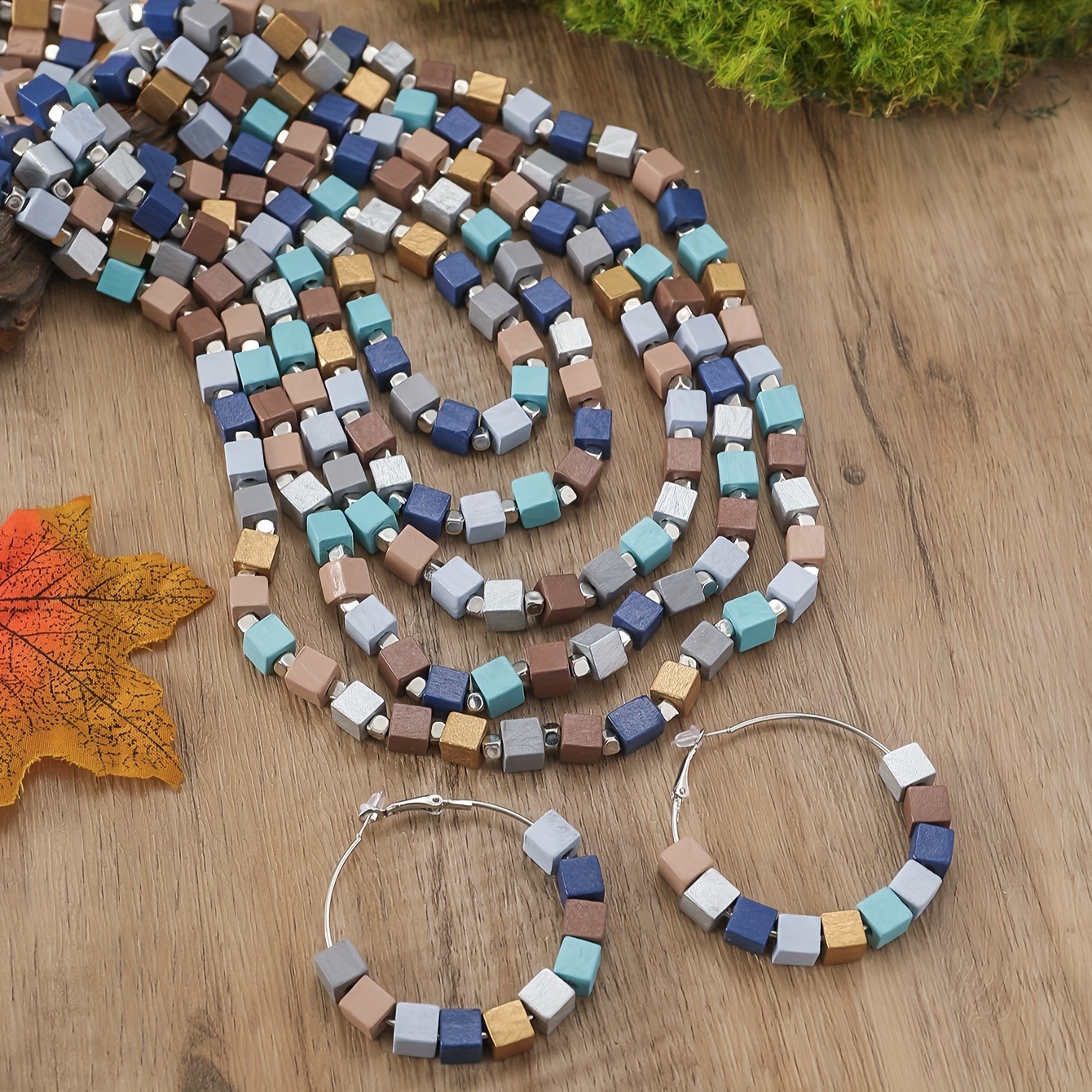 Square Bead Necklace Layer Ethnic Style Sweater Chain Earring Set